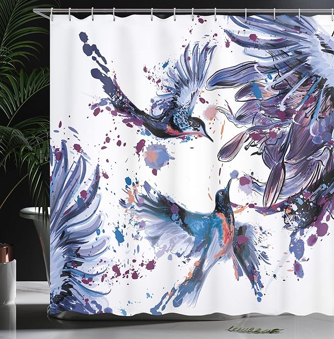 Ambesonne Hummingbird Shower Curtain, Art Lily Flowers Birds and Color Splashes in Watercolor Painting Style, Cloth Fabric Bathroom Decor Set with Hooks, 69" W x 70" L, Lavender Blue