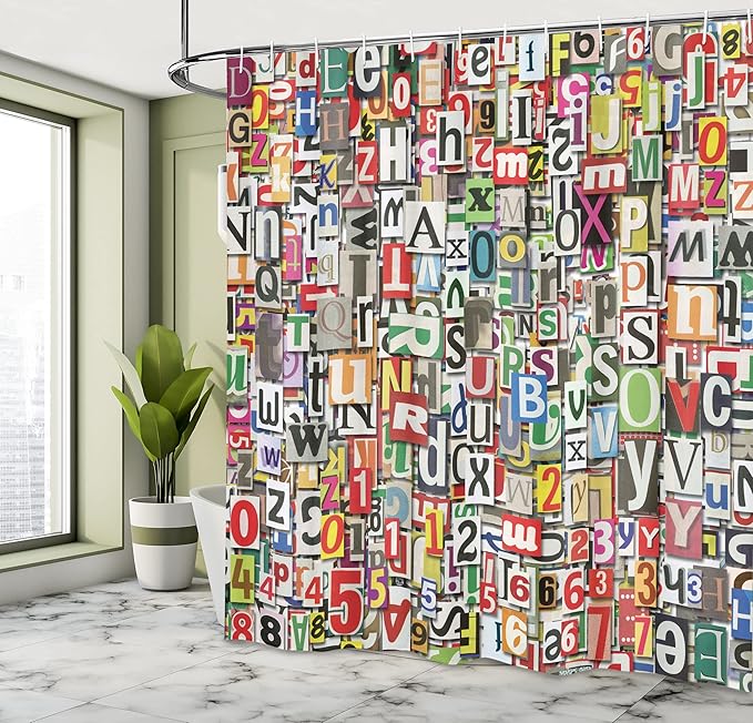 Ambesonne Abstract Shower Curtain, Collage of a Newspaper with Clippings and Alphabets Cuttings in a Diversity of Letters Digital, Cloth Fabric Bathroom Decor Set with Hooks, 69" W x 70" L, Red Blue