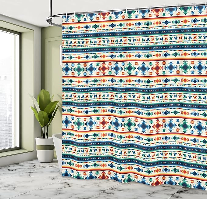 Ambesonne Abstract Shower Curtain, Tribal Abstract Seamless Aztec Geometrical Prehistoric Pattern, Cloth Fabric Bathroom Decor Set with Hooks, 69" W x 70" L, Blue White and Orange