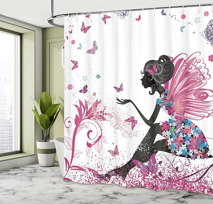 Ambesonne Fantasy Shower Curtain, Spring Girl Wings in a Floral Dress Surreal Garden Butterflies Print, Cloth Fabric Bathroom Decor Set with Hooks, 69" W x 70" L, Magenta Black