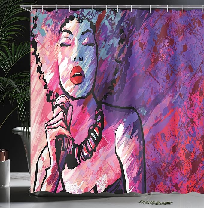 Ambesonne Grunge Shower Curtain, Jazz Singer Performing with a Microphone on Grunge Background Illustration Print, Cloth Fabric Bathroom Decor Set with Hooks, 69" W x 70" L, Purple Red