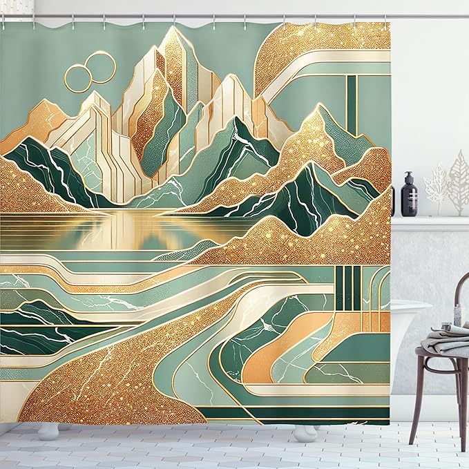 Ambesonne Mid Century Modern Boho Shower Curtain, Landscape Inspired Cloudy Mountains Geometric Shape, Cloth Fabric Bathroom Decor Set with Hooks, 69" W x 75" L, Amber Teal Burnt Orange
