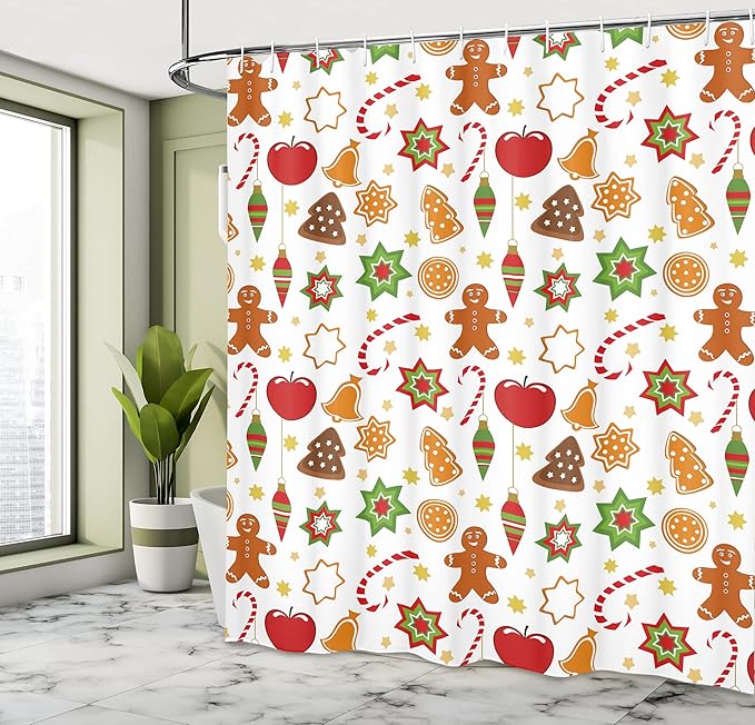 Ambesonne Gingerbread Man Shower Curtain, Christmas Graphic Pattern Star Cookies Apples Bells, Cloth Fabric Bathroom Decor Set with Hooks, 69" W x 75" L, Red Cinnamon