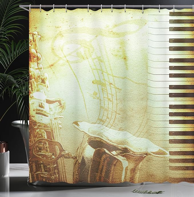 Ambesonne Music Shower Curtain, Print of Piano Keys on Background with Music Notes Image Nostalgia Jazz Theme, Cloth Fabric Bathroom Decor Set with Hooks, 69" W x 75" L, Yellow Black