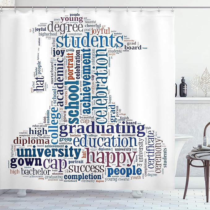 Ambesonne Graduation Shower Curtain, Cap Arrangement Words Bachelor Young Student Grown Art Design, Cloth Fabric Bathroom Decor Set with Hooks, 69" W x 70" L, Navy White