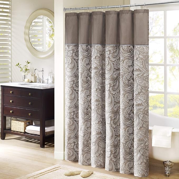 Madison Park Aubrey Shower Curtain Paisley Jacquard Pieced Microfiber Faux Silk Modern Home Bathroom Decorations, 72x72, Blue