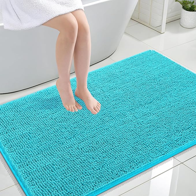 OLANLY Large Bathroom Rugs 47x32, Extra Soft Absorbent Chenille Bath Rugs, Rubber Backing Quick Dry, Machine Washable Bath Mats for Bathroom Floor, Tub and Shower, Home Decor Accessories, Aqua Sky