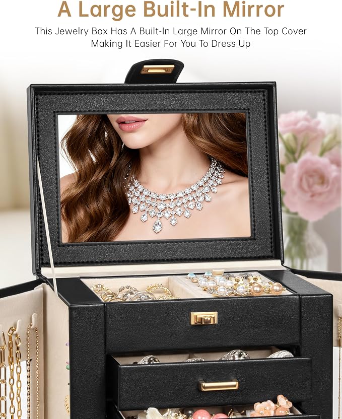 AKOZLIN 6-Tier Jewelry Box Organizer Functional 5 Drawers Leather Jewelry Storage Case for Women Girls Ring Necklace Earring Bracelet Holder Organizer with Mirror Black 360° Rotating