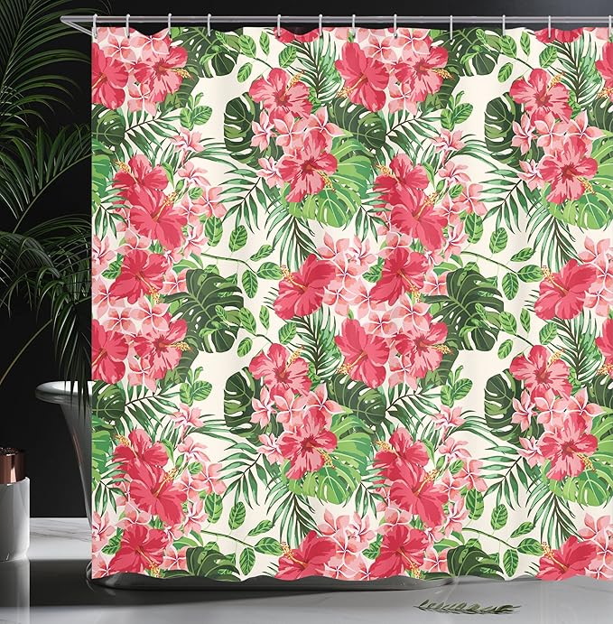 Ambesonne Floral Shower Curtain, Tropical Botanic Flowers Leaves Ivy Island Hawaiian Image, Cloth Fabric Bathroom Decor Set with Hooks, 69" W x 70" L, Green Jade