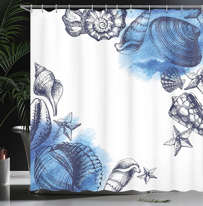 Ambesonne Ocean Shower Curtain, Sealife Sea Shells and Sand Stones Deep Water Star Fish Blue Toned Design, Cloth Fabric Bathroom Decor Set with Hooks, 69" W x 84" L, Navy Blue and White