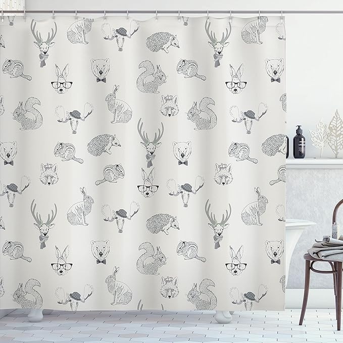 Ambesonne Dimgrey Shower Curtain, Illustration of Weird Forest Animals in Retro Style Rabbit Fox Dear Wild Life Boho Artwork, Cloth Fabric Bathroom Decor Set with Hooks, 69" W x 75" L, Dimgrey