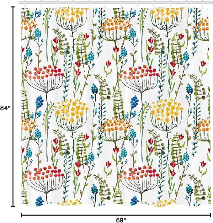 Ambesonne Floral Shower Curtain, Hand Drawn Doodle Style Flowers Blossoms in Watercolors Natural Botanical Garden Art, Cloth Fabric Bathroom Decor Set with Hooks, 69" W x 84" L, Magenta Yellow