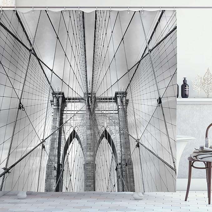 Ambesonne Landscape Shower Curtain, USA New York Brooklyn Bridge Cityscape Scenery Photo Print, Cloth Fabric Bathroom Decor Set with Hooks, 69" W x 70" L, Charcoal White