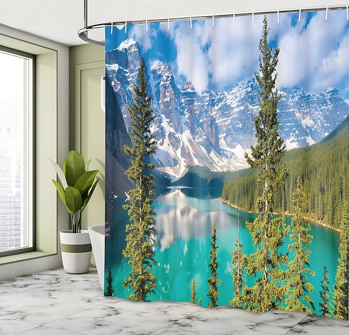 Ambesonne Landscape Shower Curtain, Moraine Lake Rocky Mountains Canada Summer Forest Tall Fresh Trees Image, Cloth Fabric Bathroom Decor Set with Hooks, 69" W x 75" L, Blue Green