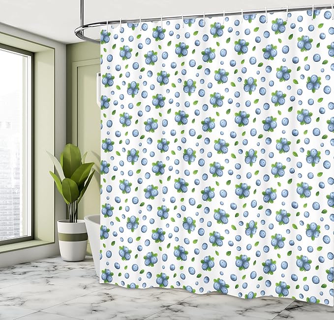 Ambesonne Fruit Shower Curtain, Fresh Blueberries Ripe Juicy Fruits Summer Organics Food Painting Art Style, Cloth Fabric Bathroom Decor Set with Hooks, 69" W x 70" L, Green White