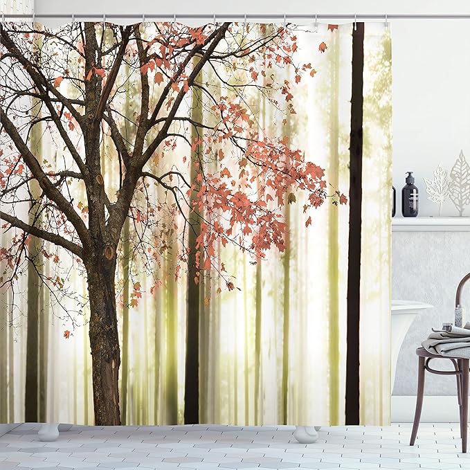 Ambesonne Autumn Shower Curtain, Fall Season Picture Tree Leaves on Woodland Thanksgiving Print, Cottage Home Decor for Guest Room & Master Bath Cloth Fabric Set with Hooks, 69" W x 70" L, Coral Cream