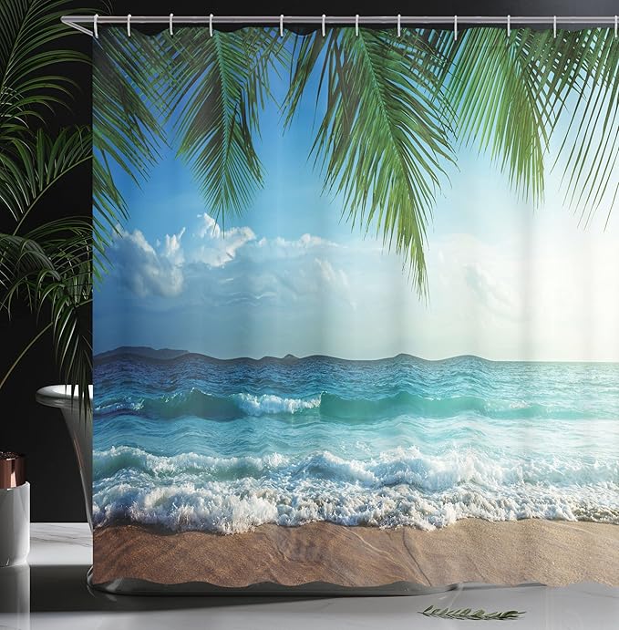 Ambesonne Ocean Shower Curtain, Palms Tropical Island Summer Beach Foamy Sea Water Maldives Idyllic Photography, Cloth Fabric Bathroom Decor Set with Hooks, 69" W x 84" L, Blue Green