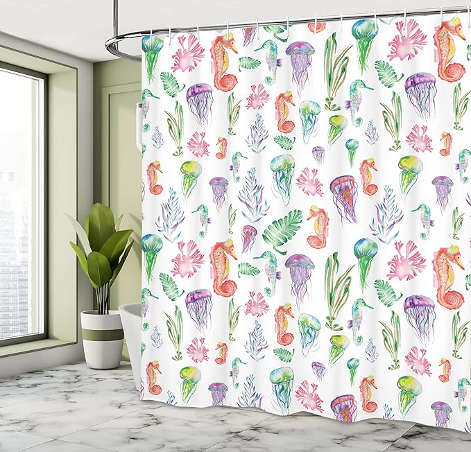 Ambesonne Jellyfish Shower Curtain, Colorful Seahorses Jellyfish and Seaweed Algae Fun Underwater Design Pattern, Cloth Fabric Bathroom Decor Set with Hooks, 69" W x 84" L, Green Pink
