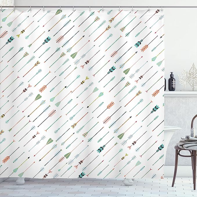 Ambesonne Arrows Shower Curtain, Tilted Ornamental Arrows in Style Artwork Pattern Print, Cloth Fabric Bathroom Decor Set with Hooks, 69" W x 70" L, Coral White