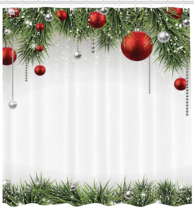 Ambesonne Christmas Shower Curtain, Classical Christmas Ornaments and Baubles Coniferous Pine Tree Twig Tinsel Print, Cloth Fabric Bathroom Decor Set with Hooks, 69" W x 70" L, Green Red
