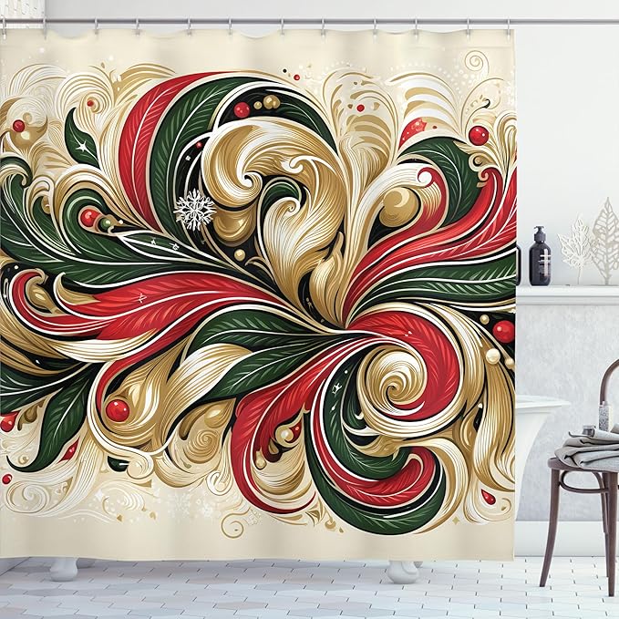 Ambesonne Christmas Shower Curtain, Classic Xmas Curlicue Leaves with Dots and Snowflake Victorian Aura, Cloth Fabric Bathroom Decor Set with Hooks, 69" W x 84" L, Khaki Dark Pink Green