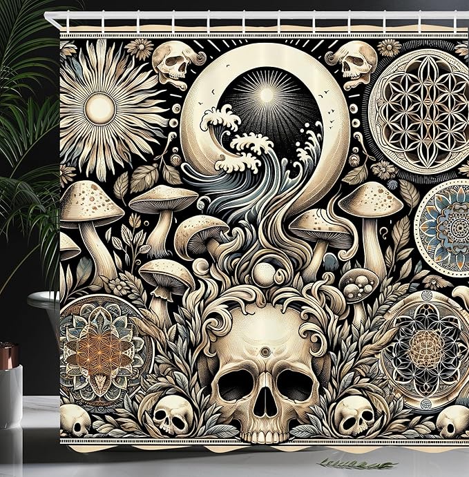 Ambesonne Gothic Art Shower Curtain, Concealed Illustration of Mushroom Skulls and Mandala Motives, Cloth Fabric Bathroom Decor Set with Hooks, 69" W x 70" L, Eggshell and Charcoal Grey