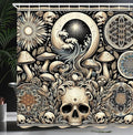 Ambesonne Gothic Art Shower Curtain, Concealed Illustration of Mushroom Skulls and Mandala Motives, Cloth Fabric Bathroom Decor Set with Hooks, 69" W x 70" L, Eggshell and Charcoal Grey