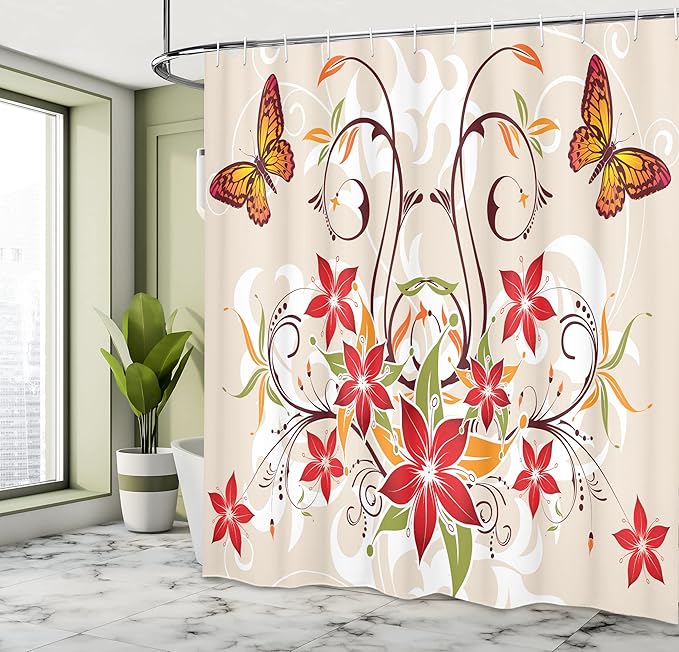 Ambesonne Floral Shower Curtain, Butterflies and Flourishing Swirled Blossoms Bouquet Botany Image, Cloth Fabric Bathroom Decor Set with Hooks, 69" W x 70" L, Beige Green Red