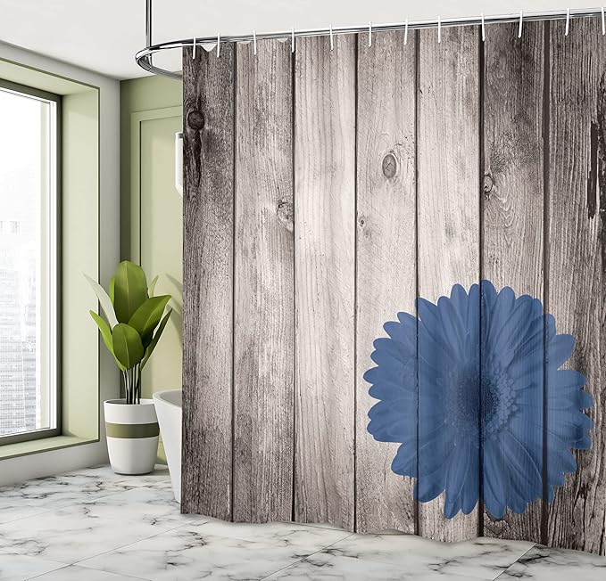 Ambesonne Rustic Shower Curtain, Flower Red Dahlia on Foreground of Murky Featured Dated Wooden Board Retro Art Print, Cloth Fabric Bathroom Decor Set with Hooks, 69" W x 84" L, Royal Blue