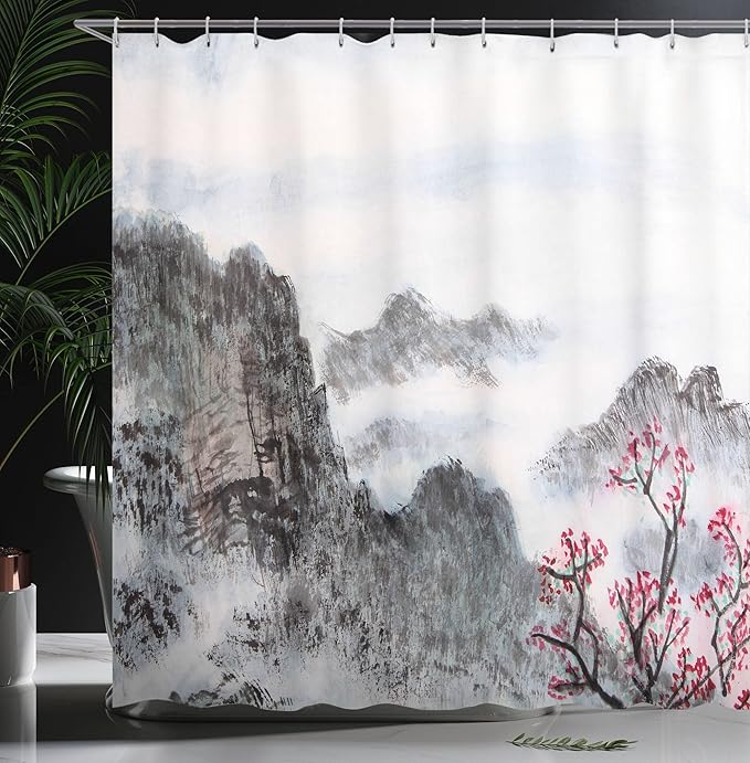 Ambesonne Asian Shower Curtain, Traditional Chinese Painting Landscape Sakura Cherry Tree Cloudy Mountains, Cloth Fabric Bathroom Decor Set with Hooks, 69" W x 70" L, Seal Brown White Red