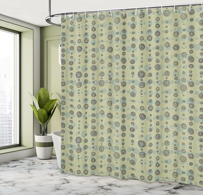 Ambesonne Abstract Shower Curtain, Hand Drawn Sketchy Round Shaped Polka Dots Art Print, Cloth Fabric Bathroom Decor Set with Hooks, 69" W x 70" L, Olive Green Pale Green