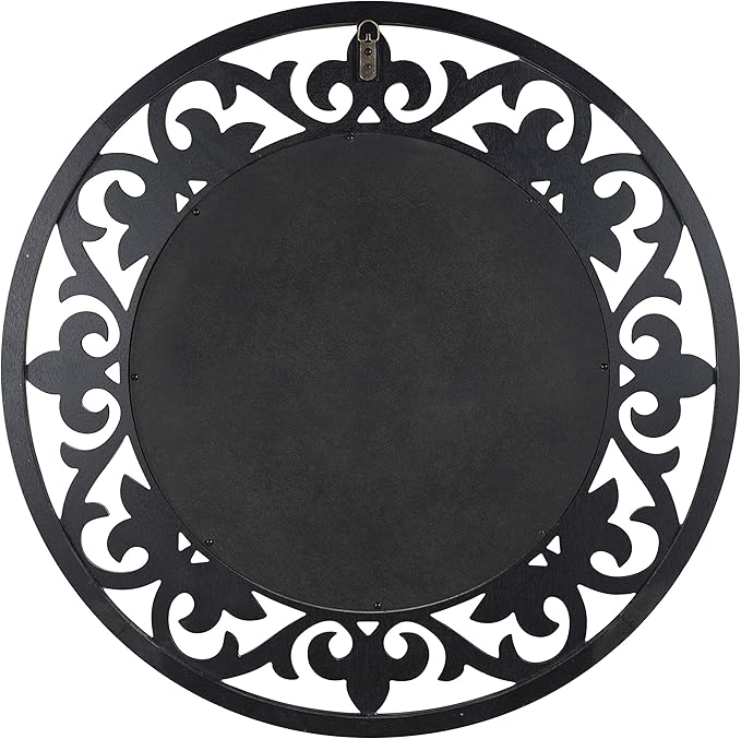 Kate and Laurel Shovali Rustic Round Mirror, 31.5 Diameter, Rustic Whitewash, Ornate Wood-Carved Frame, Decadent Wall Decor with Vintage Charm