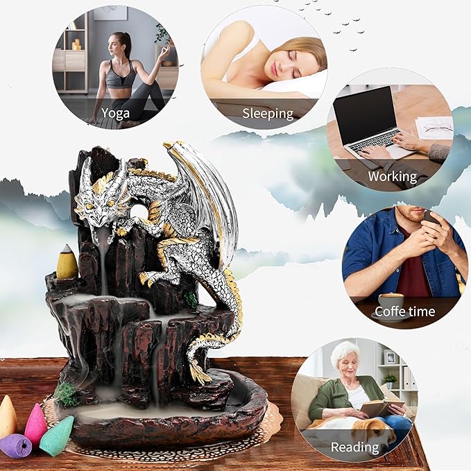 Dragon Backflow 2 Sided Mountain Waterfall Incense Burner,Fountain Smoke Incense Holder with Backflow Incense Cones, Tweezers, Mat，Resin Aromatherapy Meditationvaiuk (Silver)