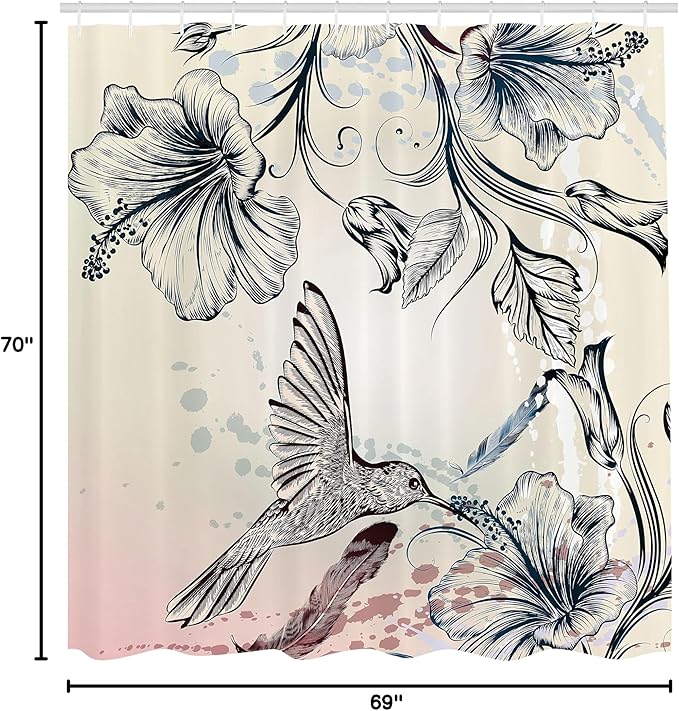 Ambesonne Hummingbird Shower Curtain, Floral Art in Vintage Style Bird Hibiscus Flowers and Feathers, Cloth Fabric Bathroom Decor Set with Hooks, 69" W x 70" L, Teal Brown