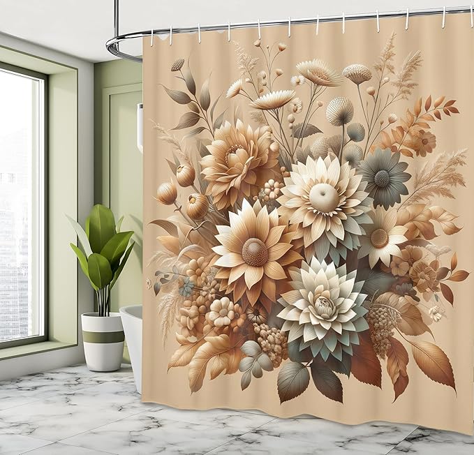 Ambesonne Tan Shower Curtain, Modern Autumn Tones Blooming Peony Flower Huddle with Leaves Earthy Romance, Cloth Fabric Bathroom Decor Set with Hooks, 69" W x 84" L, Almond Dark Sea Green