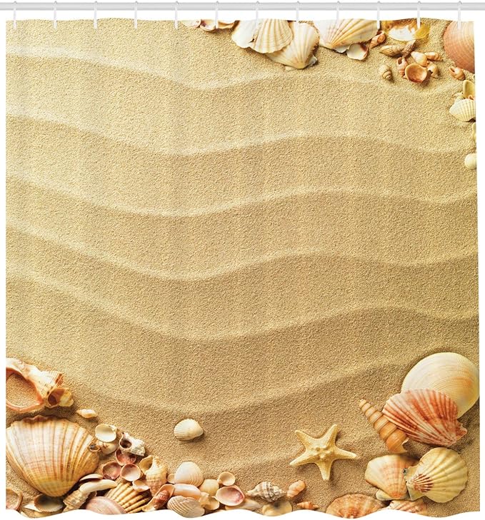 Ambesonne Beach Shower Curtain, Nautical Composition About Sandy Frame Surrounded by Various Sea Shells, Cloth Fabric Bathroom Decor Set with Hooks, 69" W x 70" L, Sand Brown Coral