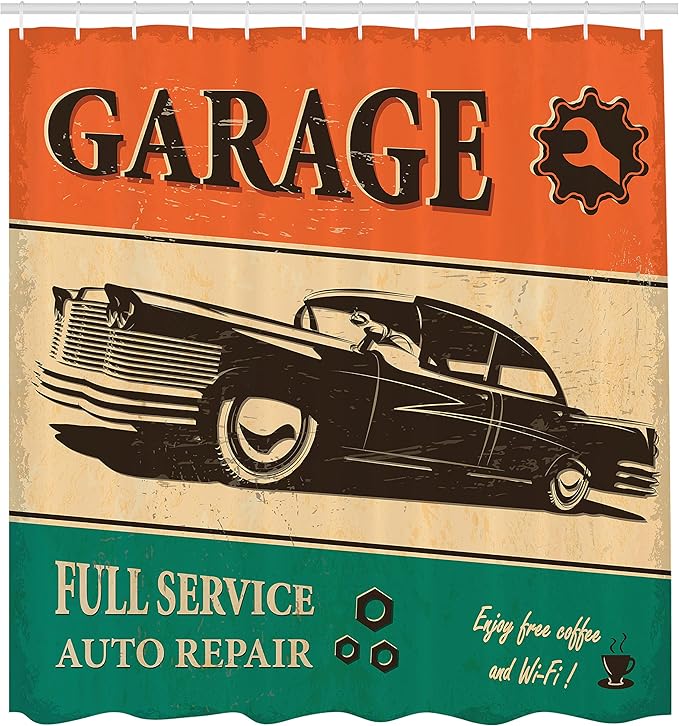 Ambesonne Vintage Shower Curtain, Garage Retro Poster Classic Car Automobile Mechanic Nostalgic 50s, Cloth Fabric Bathroom Decor Set with Hooks, 69" W x 70" L, Orange Beige Jade Green