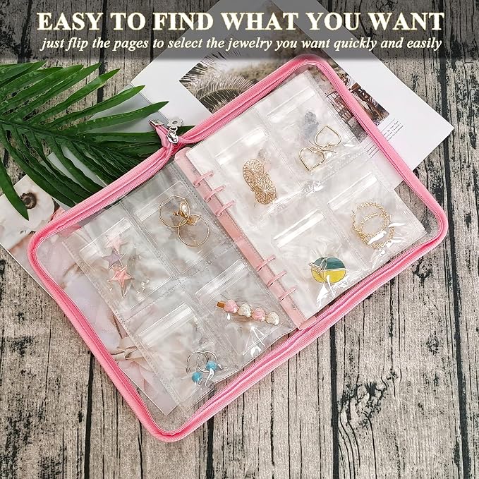 Earring Organizer Case Travel Jewelry Organizer Transparent Jewelry Storage Book for Necklace Bracelet Ring Holder with Small Clear Zippered Pouch