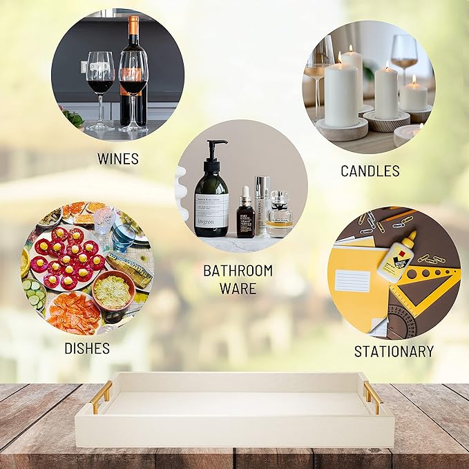 ATZYmolin 17"x12" Leather Serving Tray, Gold Handle Vanity Platter, White | Rectangle Ottoman Decor Tray, Polished Metal Handles, Coffee Table Bathroom Home Decorative Wood Tray
