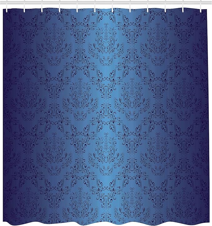 Ambesonne Navy Blue Shower Curtain, Antique Baroque Floral Swirling Patterns Victorian Vintage Retro Style, Cloth Fabric Bathroom Decor Set with Hooks, 69" W x 70" L, Dark Blue