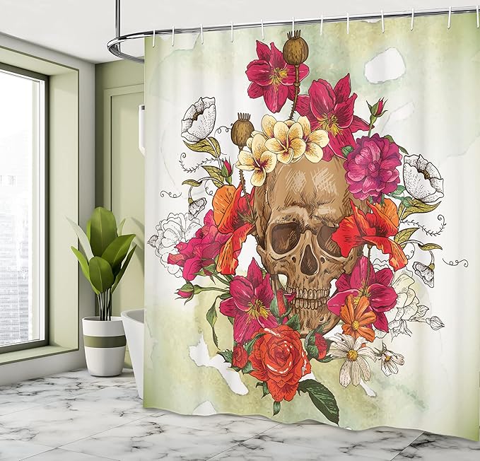 Ambesonne Skull Shower Curtain, Skull and Flowers Day of The Dead Buds Leaves Daisies Camellias Festival Art, Cloth Fabric Bathroom Decor Set with Hooks, 69" W x 84" L, Fuchsia Beige