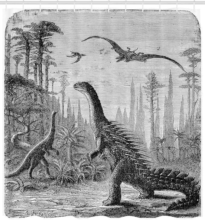 Ambesonne Fantasy Shower Curtain, Dinosaurs Dragons in an Araucaria Landscape Prehistorics on Earth Trex Illustration Print, Cloth Fabric Bathroom Decor Set with Hooks, 69" W x 70" L, Grey