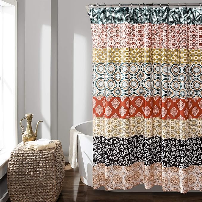 Lush Decor Bohemian Stripe Shower Curtain 72" W x 78" L Turquoise & Orange - Bathroom Curtain - Extra Long Shower Curtain - Boho Decor - Fabric Shower Curtains
