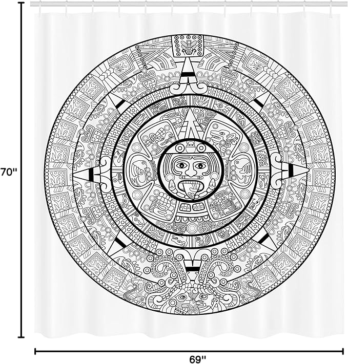 Ambesonne Mesoamerican Shower Curtain, Maya Calendar Accurate Antiquities Astrological Aztec Geometric Indigenous, Cloth Fabric Bathroom Decor Set with Hooks, 69" W x 70" L, Ivory Black