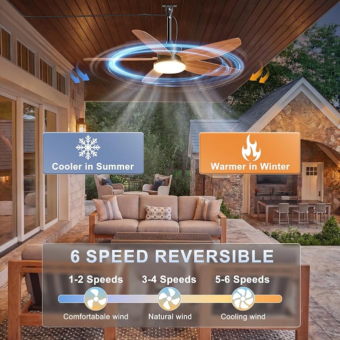 Outdoor Ceiling Fan with Lights, 42 Inch Plug in Gazebo Fans with Remote APP Control, Quiet DC Motor, Dimmable 3CCT, Waterproof Hanging Fans for Patios, Porch, Wood Color