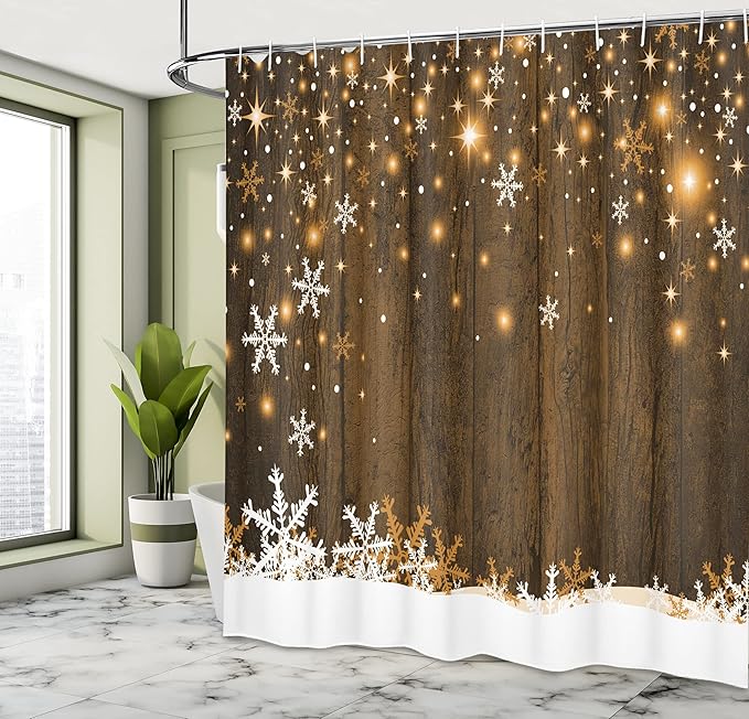 Ambesonne Christmas Shower Curtain, Rustic Wooden Backdrop with Snowflakes and Warm Traditional Celebration Print, Cloth Fabric Bathroom Decor Set with Hooks, 69" W x 75" L, Brown White