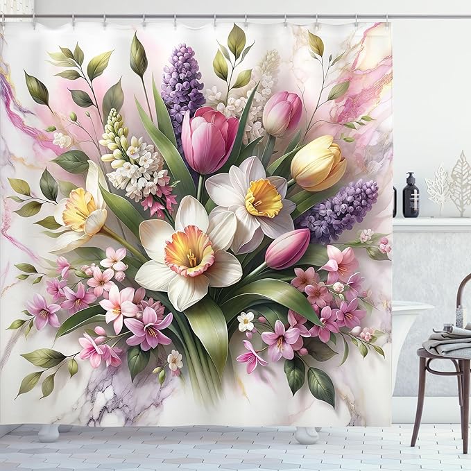 Ambesonne Spring Shower Curtain, Delicate Tulip Pansies and Bluebell Flowers Arrange on Marble Print Back, Cloth Fabric Bathroom Decor Set with Hooks, 69" W x 84" L, Lavender Green Pink
