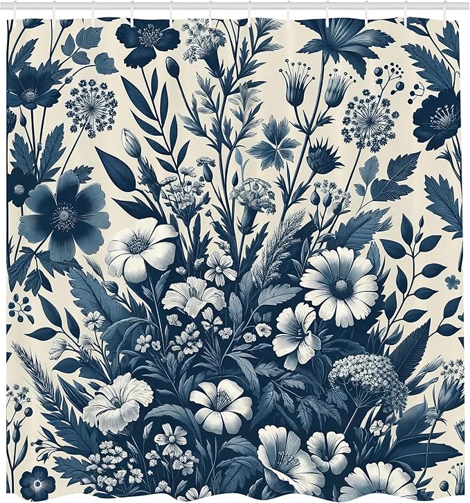 Ambesonne Navy Blue Shower Curtain, Vintage Style Cottagecore Spring Night Floral Arrange Wildflowers, Cloth Fabric Bathroom Decor Set with Hooks, 69" W x 70" L, Dark Slate Blue Coconut