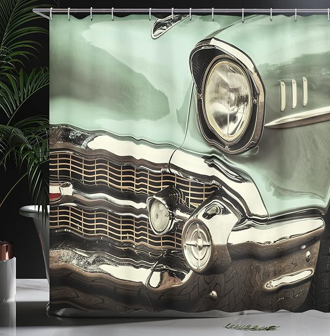 Ambesonne 1950s Shower Curtain, Retro Styled Image of a Front of a Green Antique Car American Bumper History Polished, Cloth Fabric Bathroom Decor Set with Hooks, 69" W x 84" L, Green