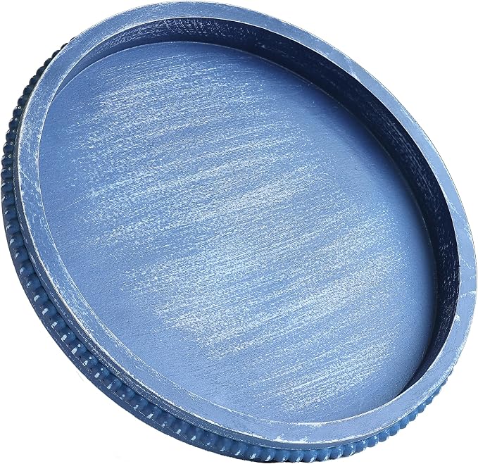 Hrastany Round Blue Wooden Decorative Tray for Coffee Table Centerpiece